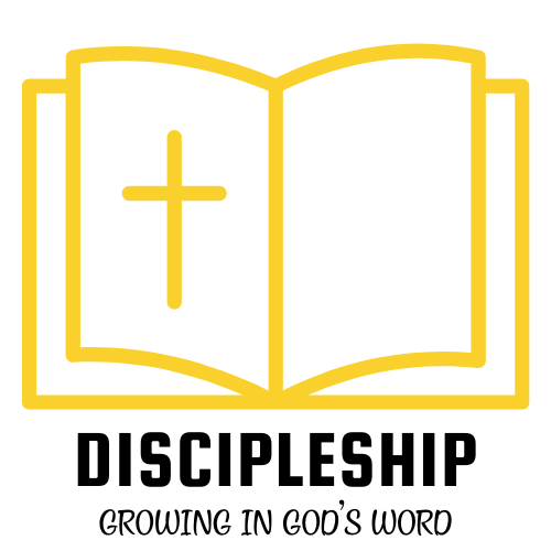 Yellow open Bible with cross icon and text 'Growing in God's word