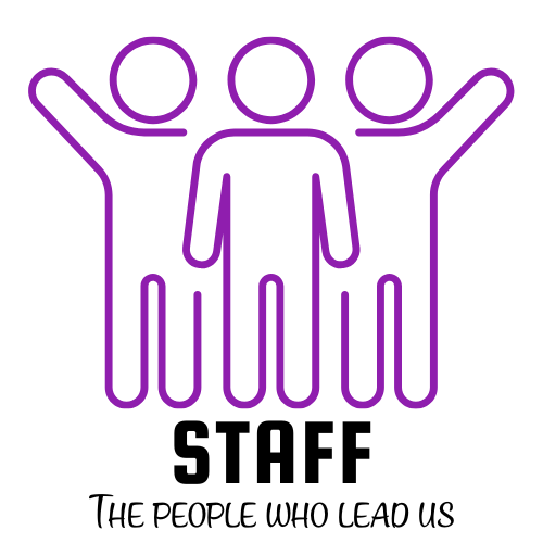 Purple outlined figures representing staff with text 'The people who lead us