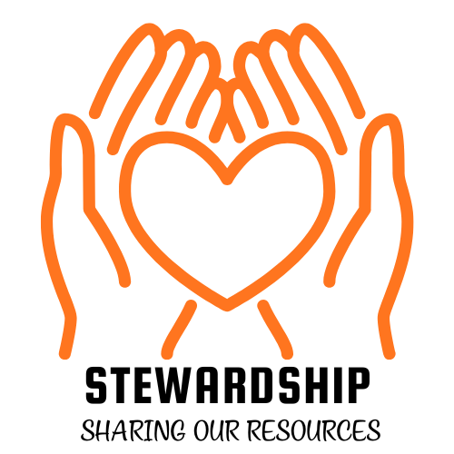 Orange hands cradling a heart with text 'Sharing our resources'