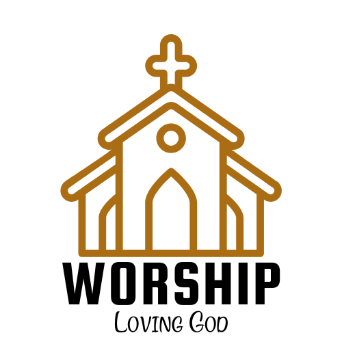 Gold church building icon with cross and text 'Loving God'